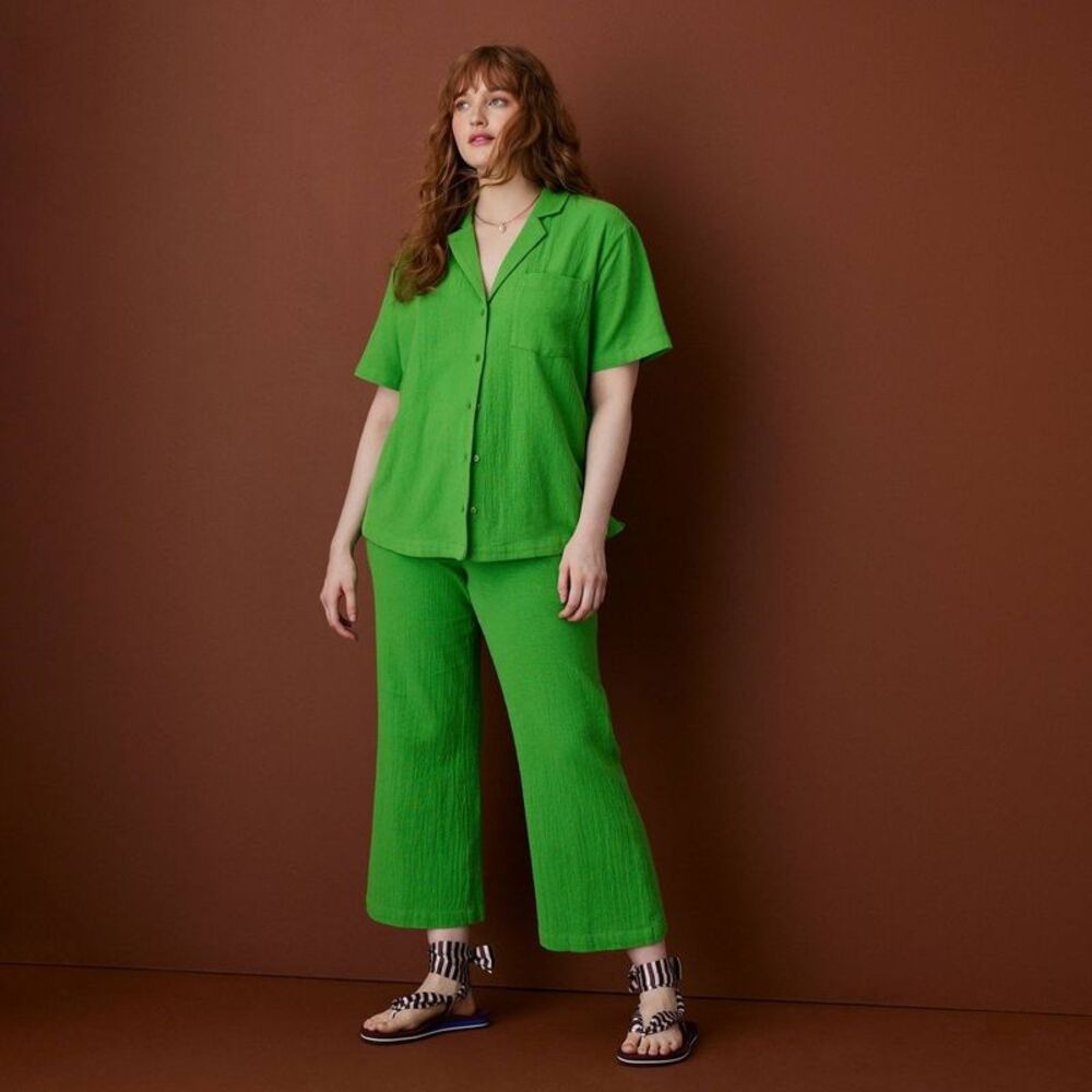 Women's Short Sleeve Oversized Button-Down Top - Rosie Assoulin Green L - Picture 3 of 4